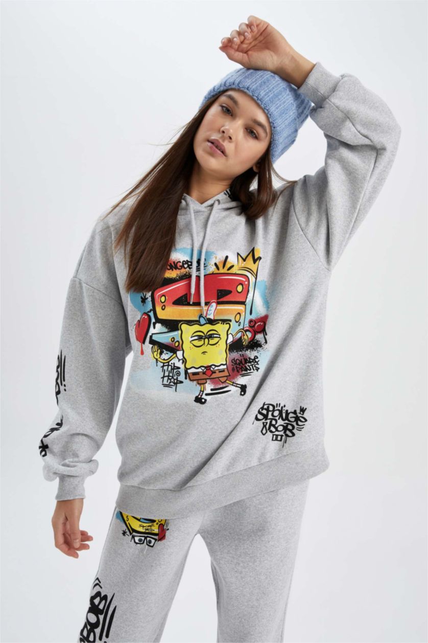 Kadın Gri Melanj Oversıze Kalın Kumaş Sweatshirt