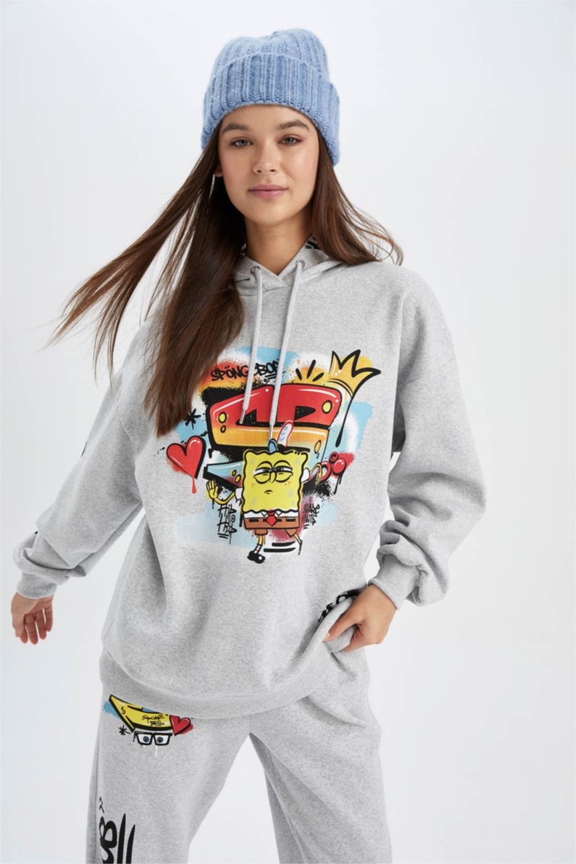 Kadın Gri Melanj Oversıze Kalın Kumaş Sweatshirt