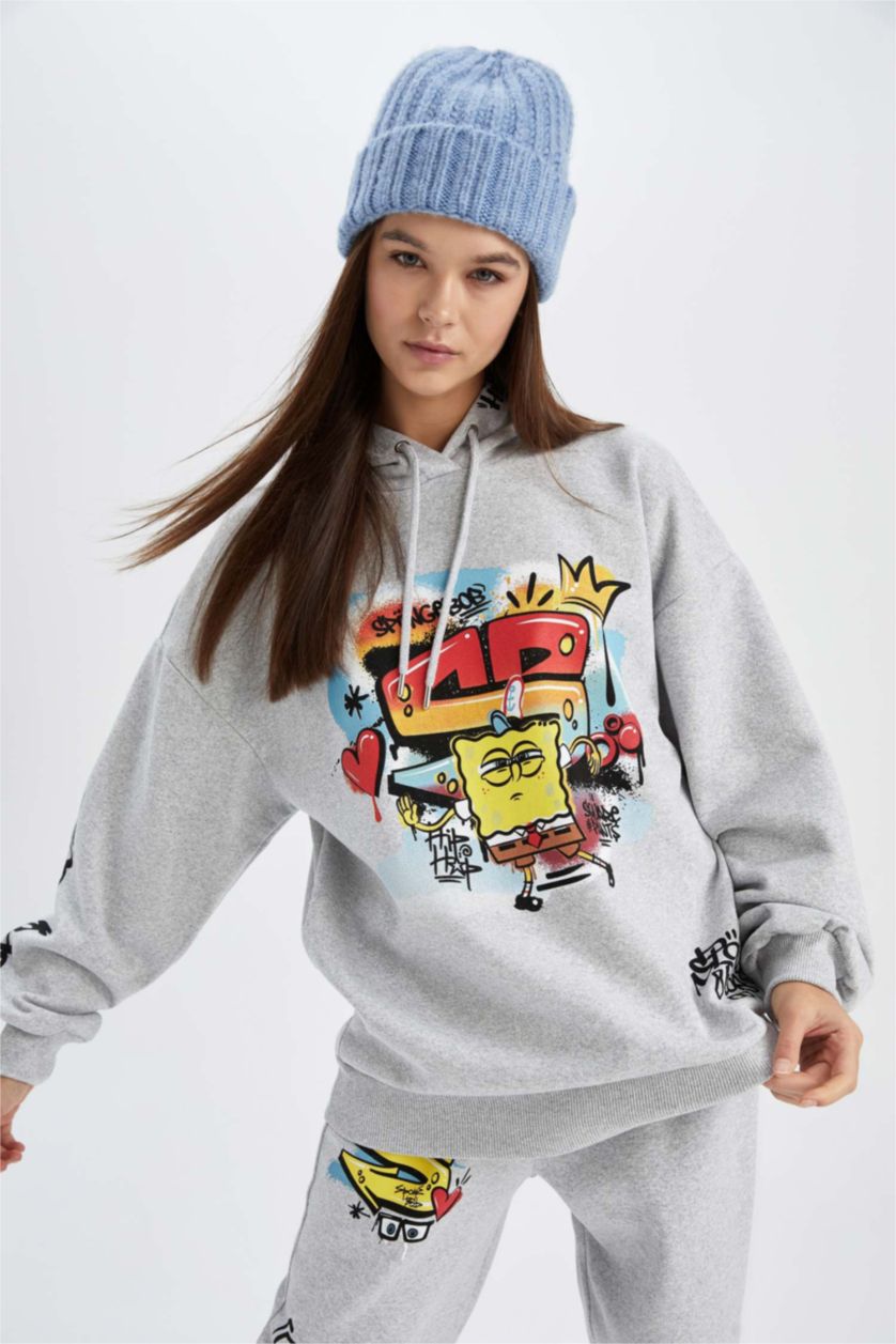 Kadın Gri Melanj Oversıze Kalın Kumaş Sweatshirt