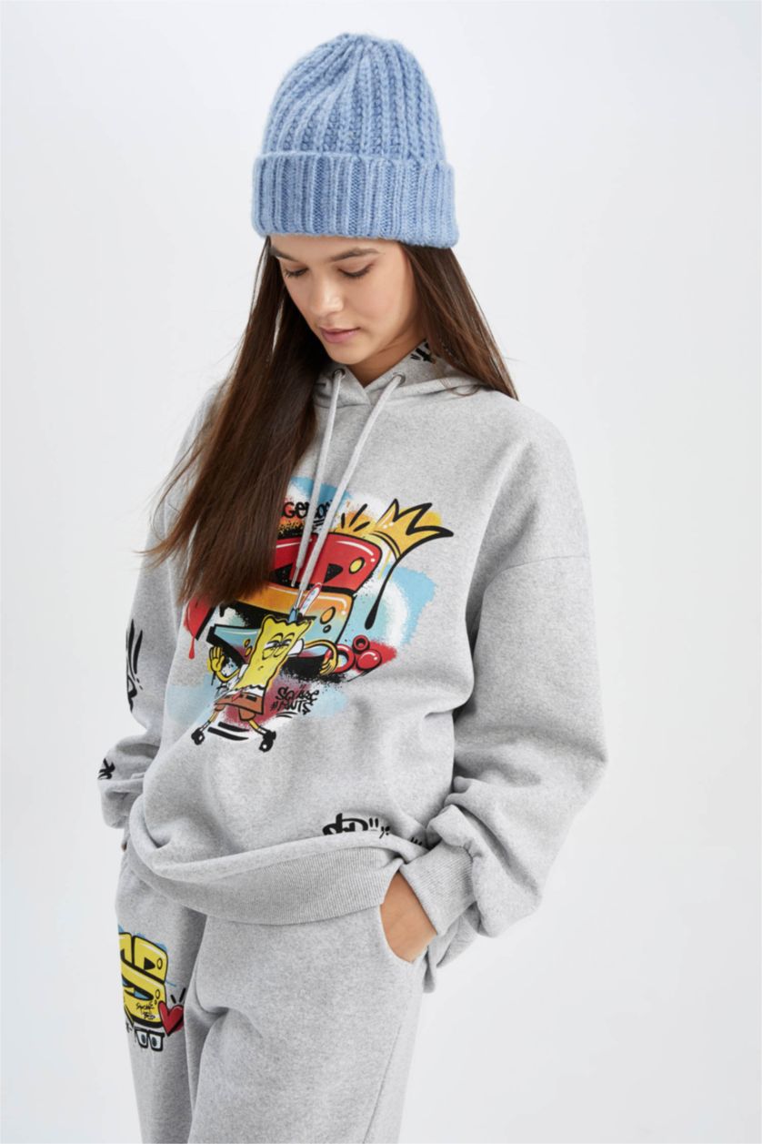 Kadın Gri Melanj Oversıze Kalın Kumaş Sweatshirt