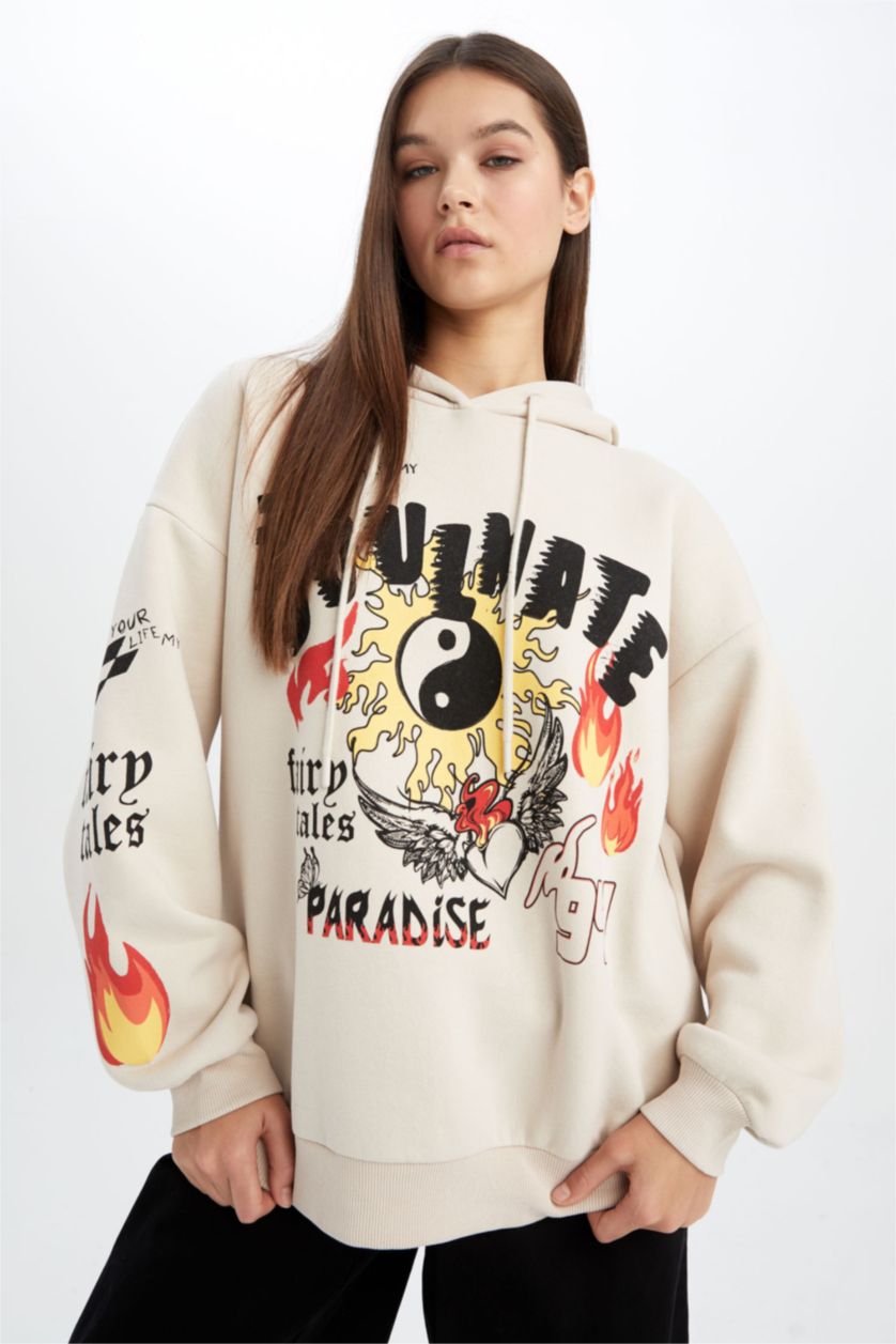 WOMAN Beige Oversize Fit Thick Sweatshirt Fabric Sweatshirt