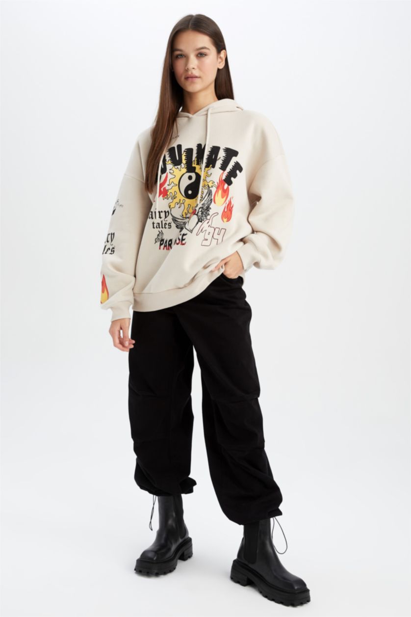 WOMAN Beige Oversize Fit Thick Sweatshirt Fabric Sweatshirt