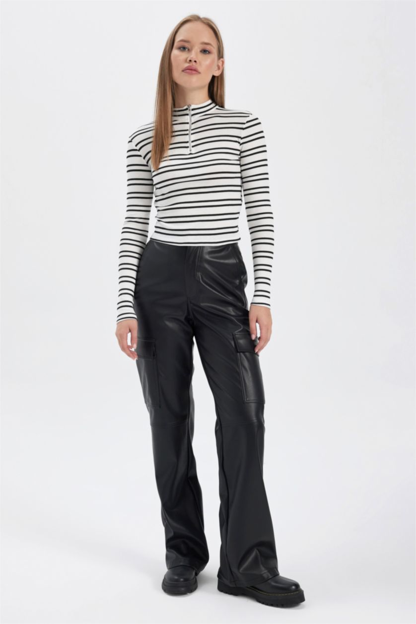 Kadın Kırık Beyaz Coool Fitted Çizgili Uzun Kollu Tişört