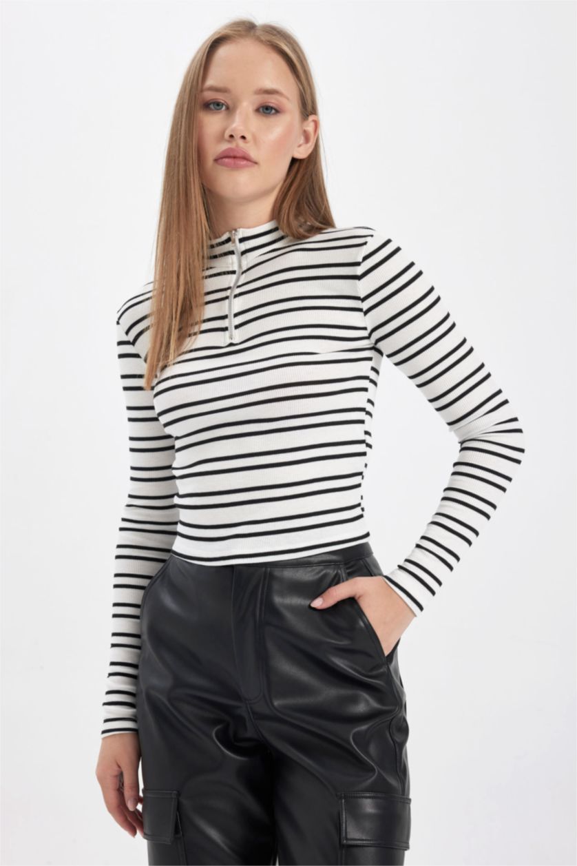 Kadın Kırık Beyaz Coool Fitted Çizgili Uzun Kollu Tişört