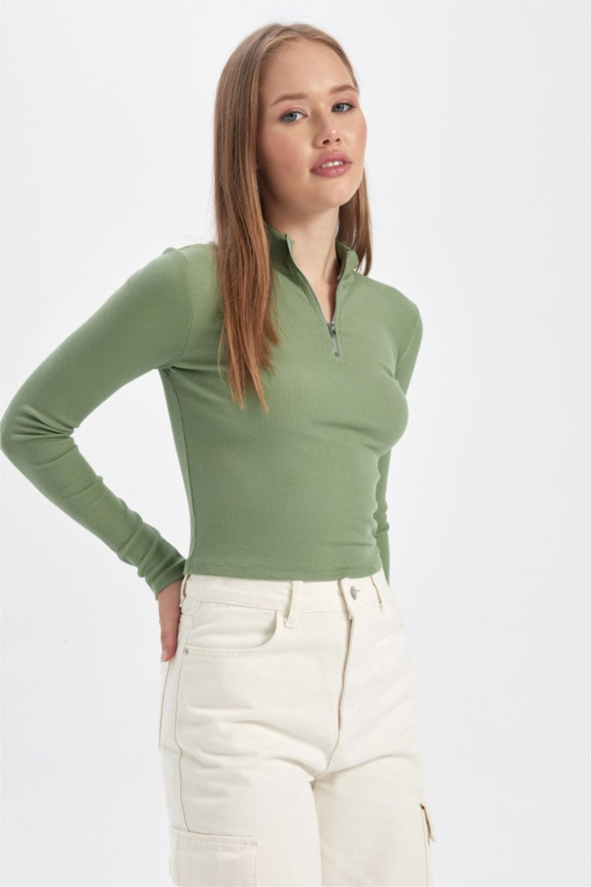 Kadın Açık Yeşil Fıtted Uzun Kollu Tişört