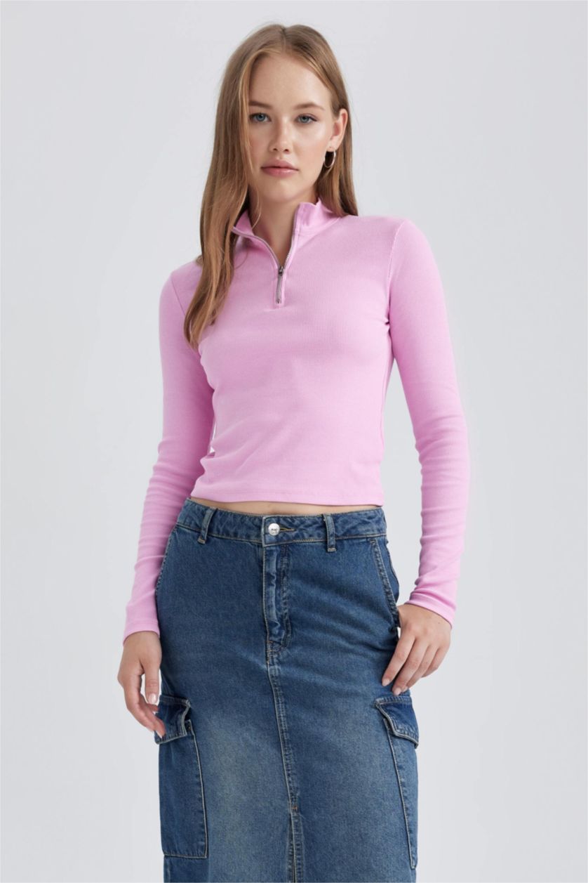 Kadın Pembe Fıtted Uzun Kollu Tişört