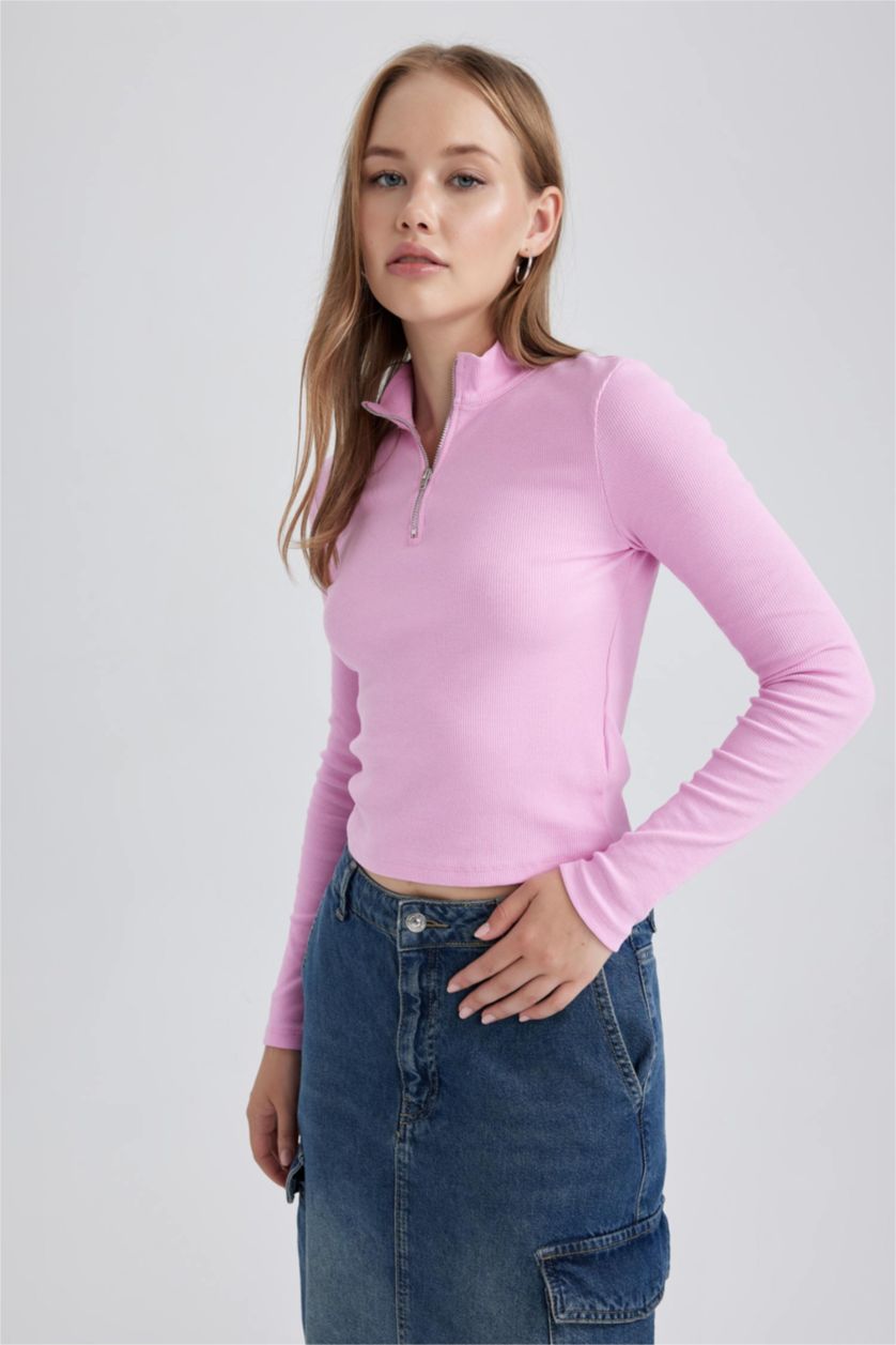 Kadın Pembe Fıtted Uzun Kollu Tişört