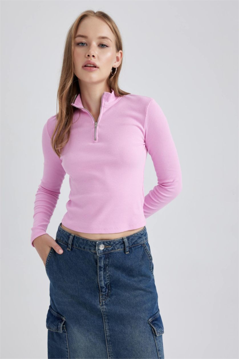 Kadın Pembe Fıtted Uzun Kollu Tişört