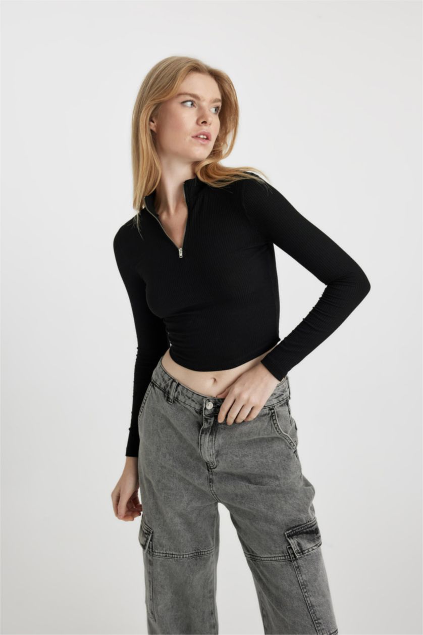 Kadın Siyah Coool Fitted Dik Yaka Yarım Fermuarlı Basic Uzun Kollu Tişört