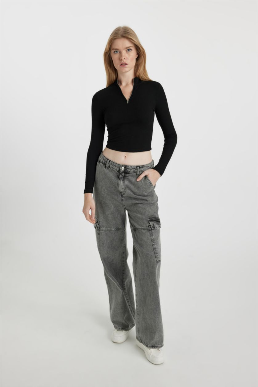 Kadın Siyah Coool Fitted Dik Yaka Yarım Fermuarlı Basic Uzun Kollu Tişört