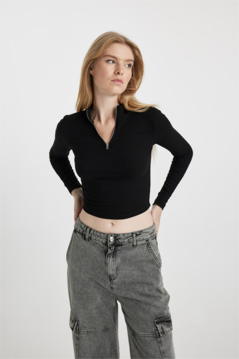 Kadın Siyah Coool Fitted Dik Yaka Yarım Fermuarlı Basic Uzun Kollu Tişört