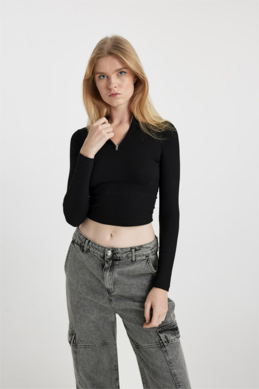 Kadın Siyah Coool Fitted Dik Yaka Yarım Fermuarlı Basic Uzun Kollu Tişört