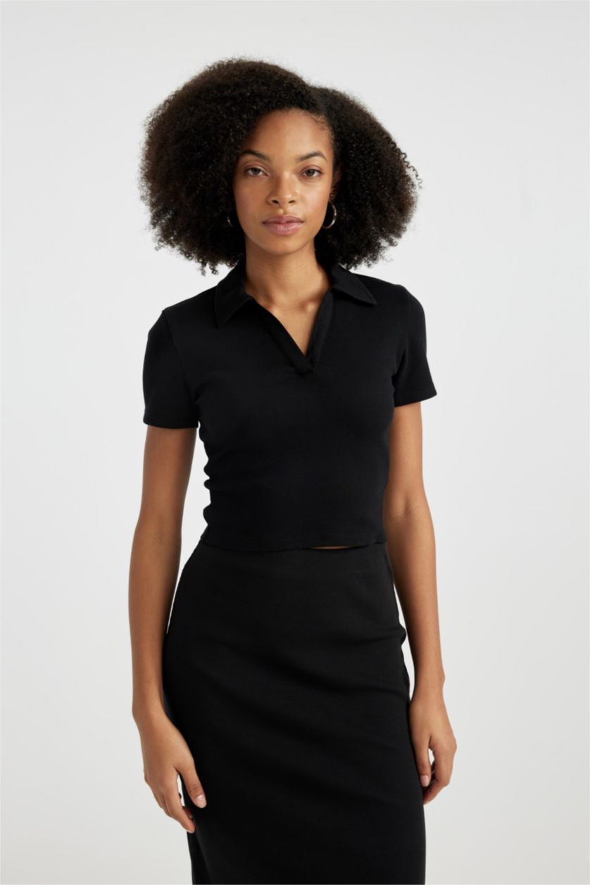 Kadın Siyah Fıtted Polo Yaka Fitilli Kaşkorse Kısa Kollu Tişört