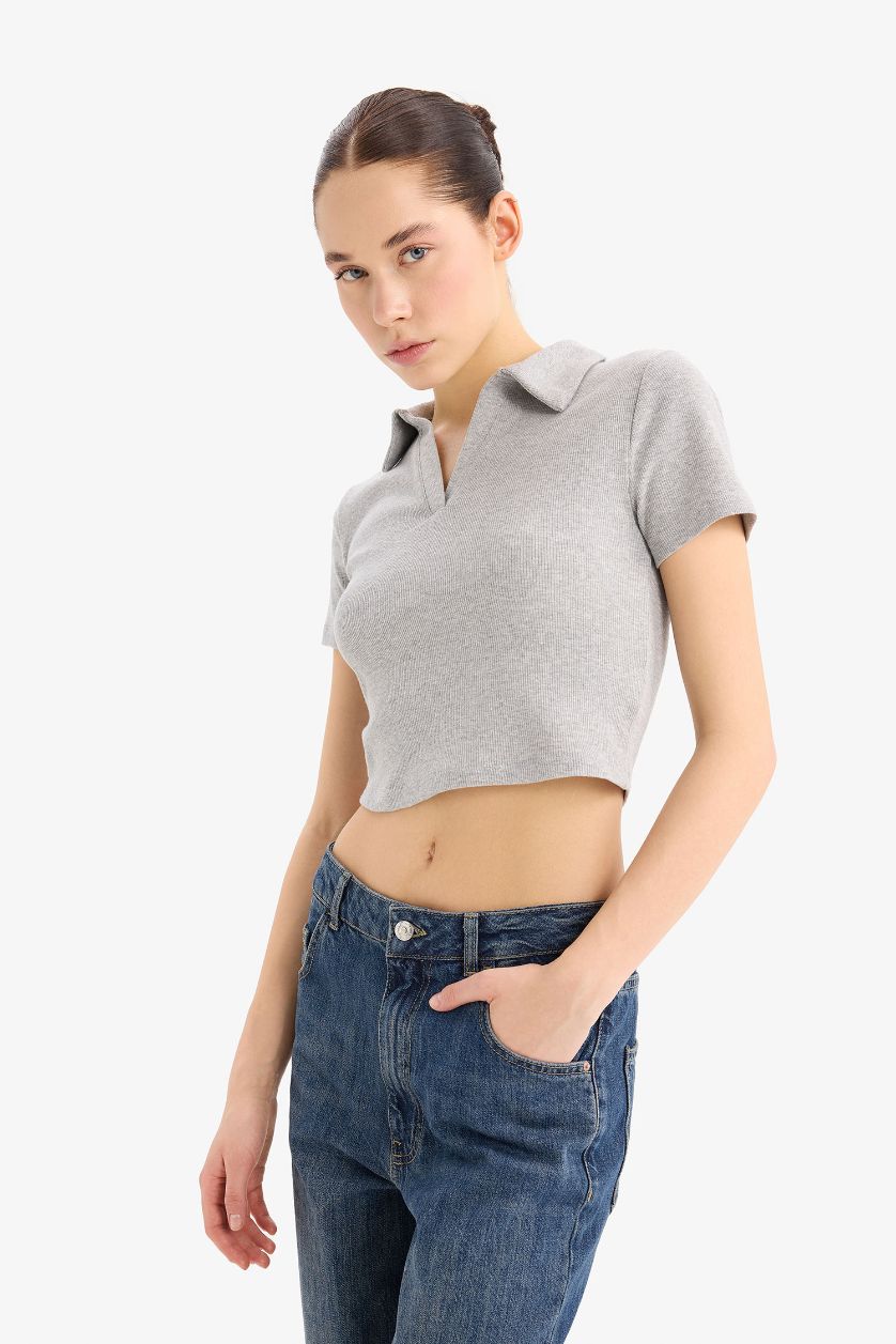 Kadın Gri Melanj Fıtted Polo Yaka Fitilli Kaşkorse Kısa Kollu Tişört
