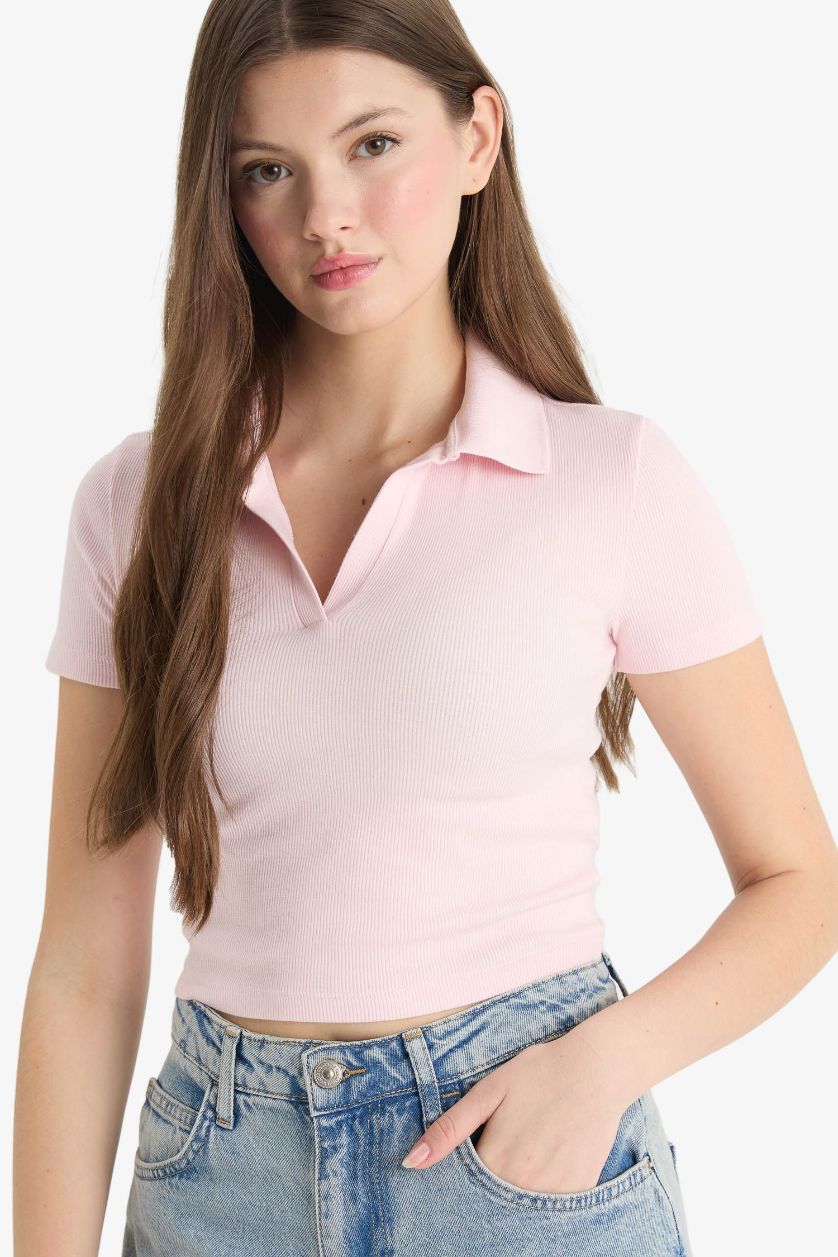Woman Light Pink Fitted Polo Neck Ribbed Camisole Short Sleeve T-Shirt