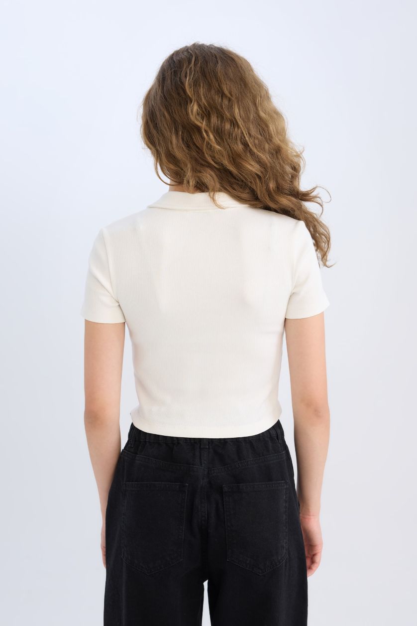 نساء اوف وايت تيشيرت بولو نص كم مضلع سليم فيت