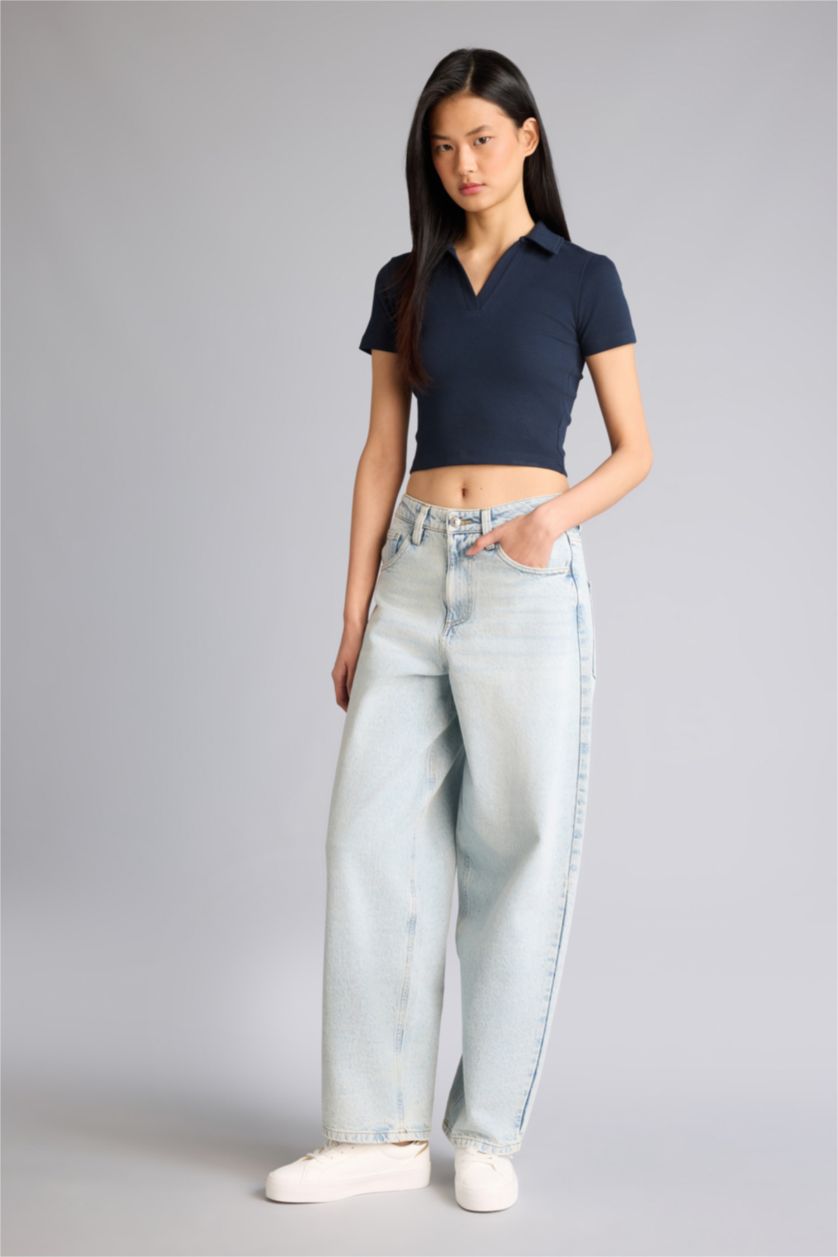 Женщины Синий Футболка кашкорсе Fitted в рубчик с воротником поло и коротким рукавом