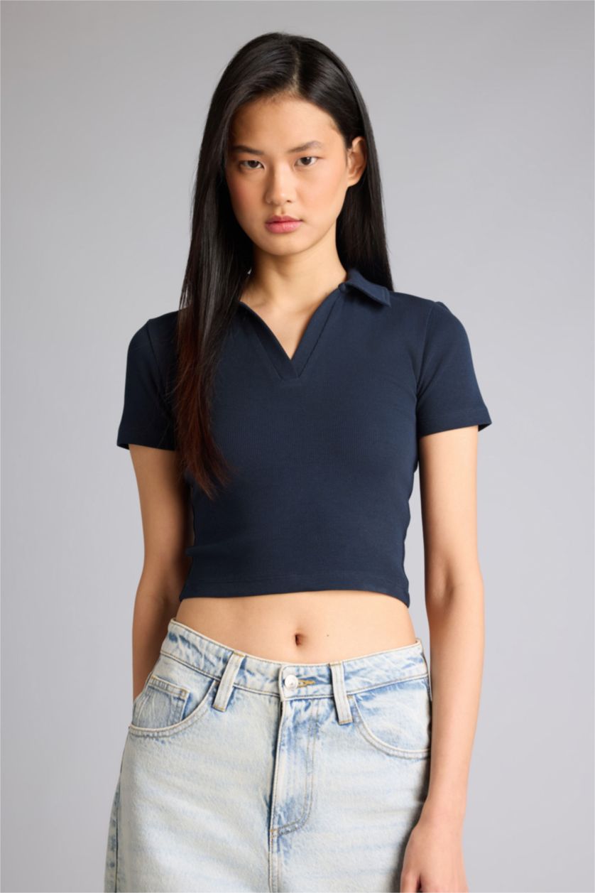 Женщины Синий Футболка кашкорсе Fitted в рубчик с воротником поло и коротким рукавом