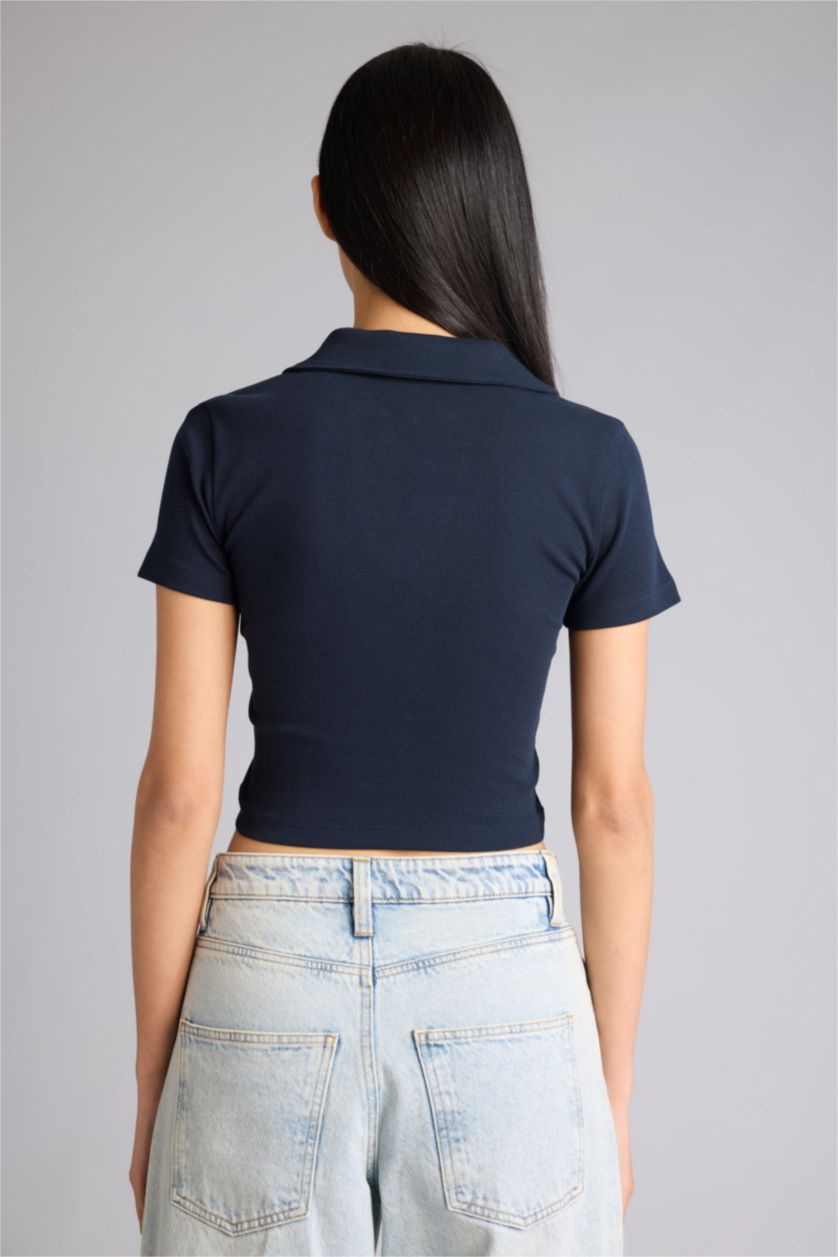 Женщины Синий Футболка кашкорсе Fitted в рубчик с воротником поло и коротким рукавом