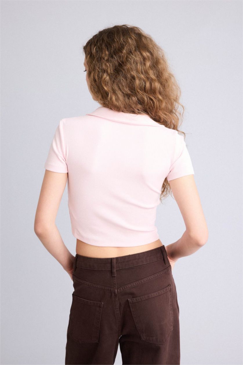 Женщины Светло-розовый Футболка кашкорсе Fitted в рубчик с воротником поло и коротким рукавом