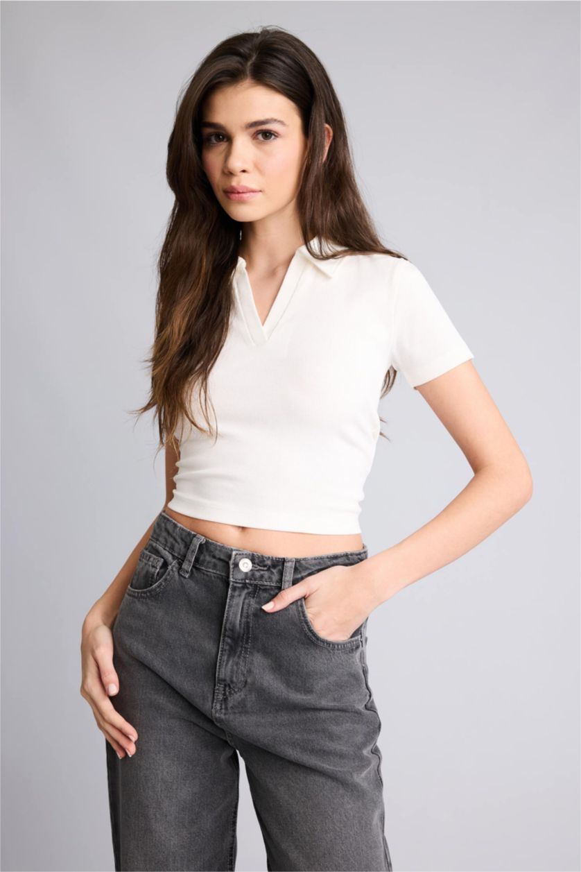 Женщины Кремовый Футболка кашкорсе Fitted в рубчик с воротником поло и коротким рукавом