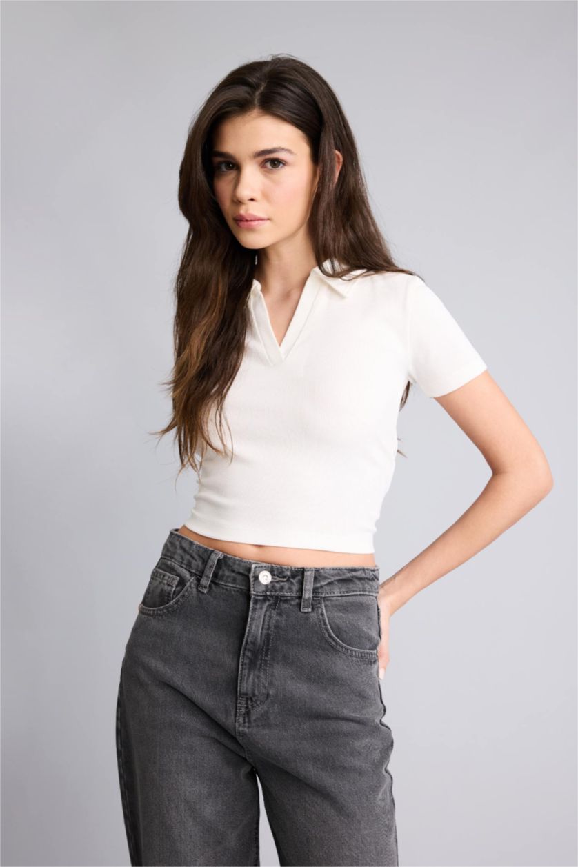 Женщины Кремовый Футболка кашкорсе Fitted в рубчик с воротником поло и коротким рукавом