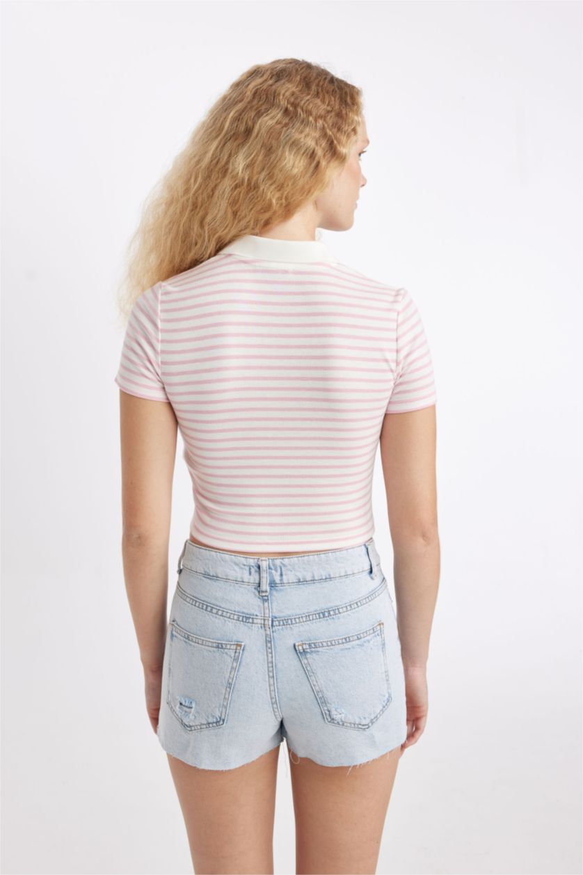 نساء زهري تيشيرت بولو نص كم مضلع سليم فيت