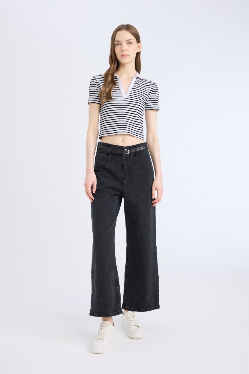 Kadın Kırık Beyaz Fitted Çizgili Polo Yaka Kısa Kollu Tişört