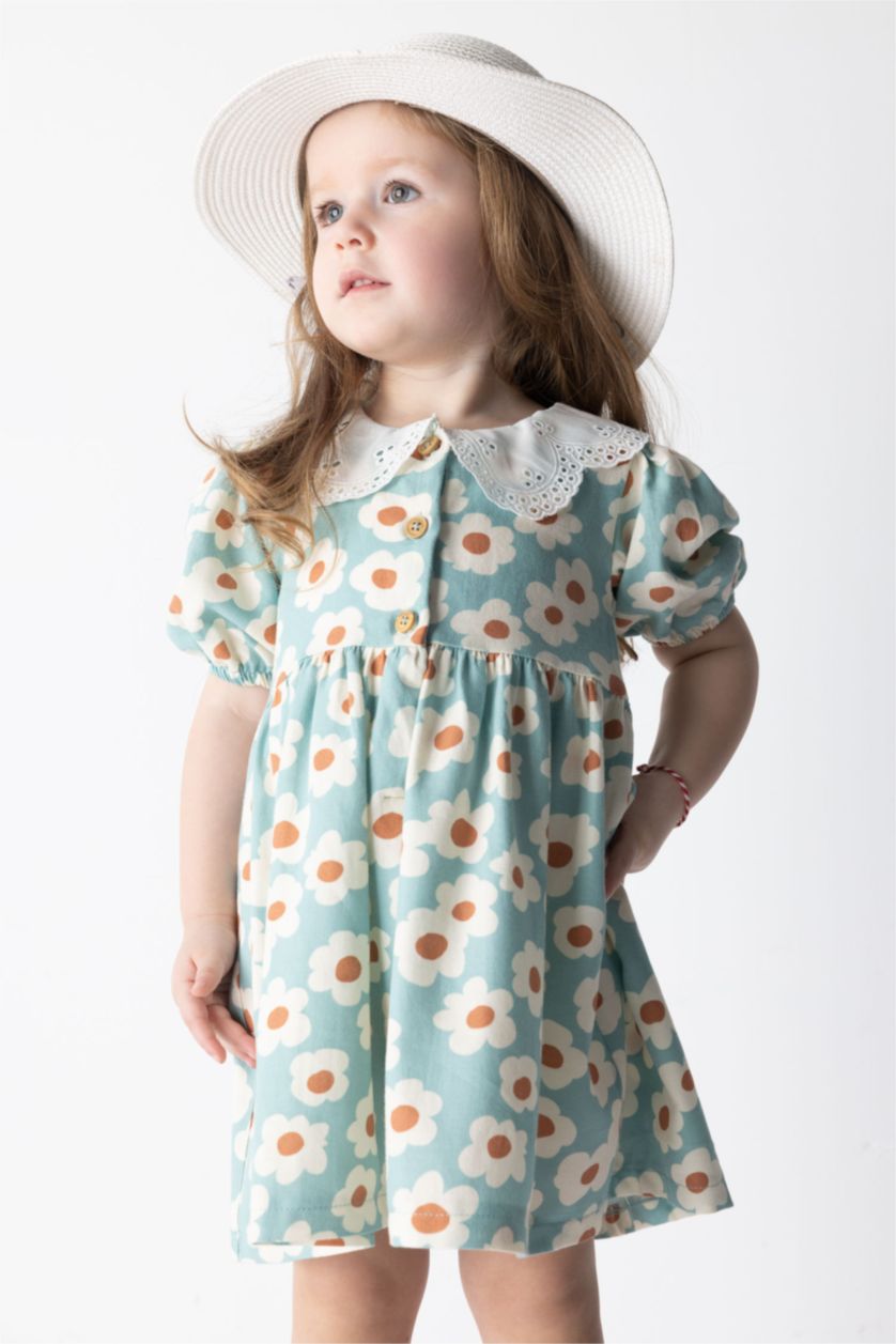 BÉBÉ FILLE Bleu Robe En Sergé À Manches Courtes Et Fleurs Pour Bébé Fille