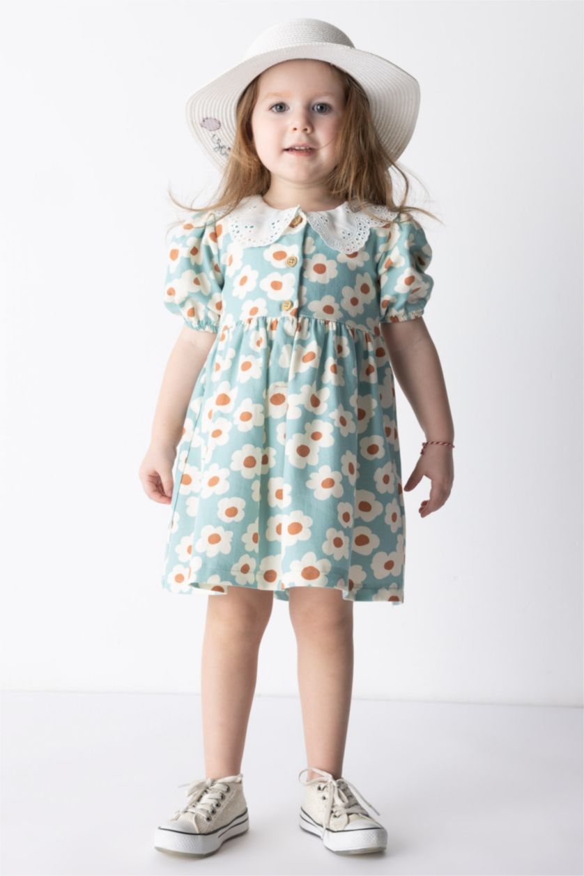 BÉBÉ FILLE Bleu Robe En Sergé À Manches Courtes Et Fleurs Pour Bébé Fille