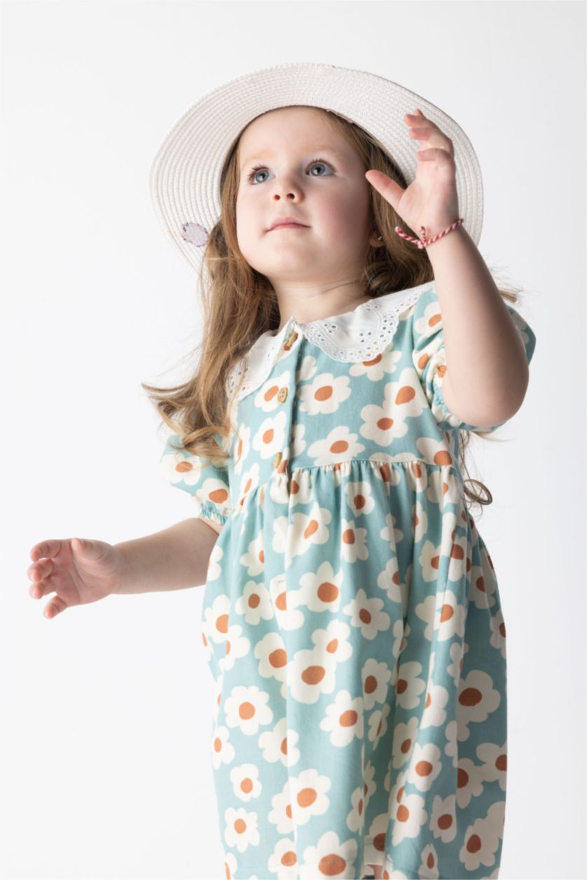 BÉBÉ FILLE Bleu Robe En Sergé À Manches Courtes Et Fleurs Pour Bébé Fille