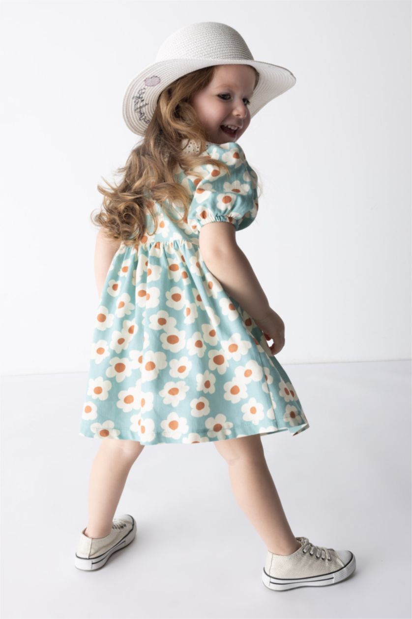 BÉBÉ FILLE Bleu Robe En Sergé À Manches Courtes Et Fleurs Pour Bébé Fille