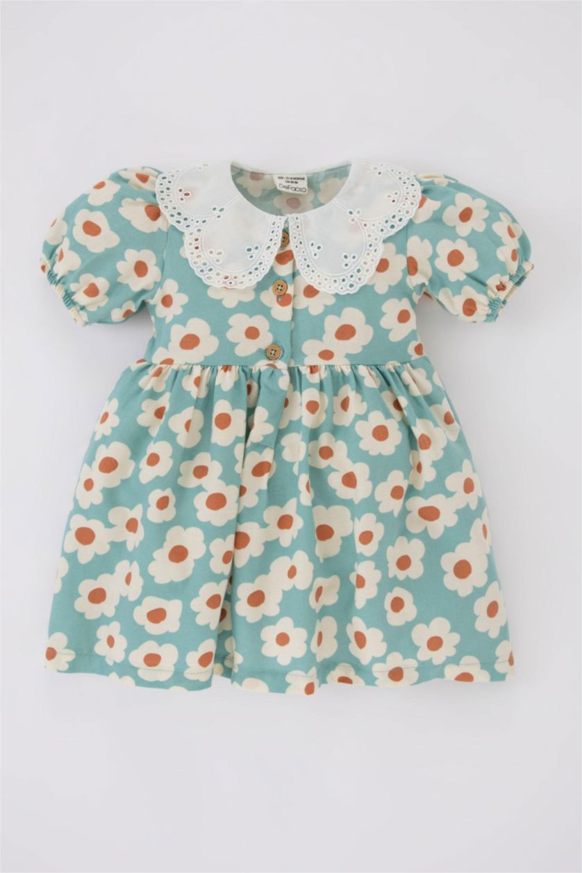 BÉBÉ FILLE Bleu Robe En Sergé À Manches Courtes Et Fleurs Pour Bébé Fille