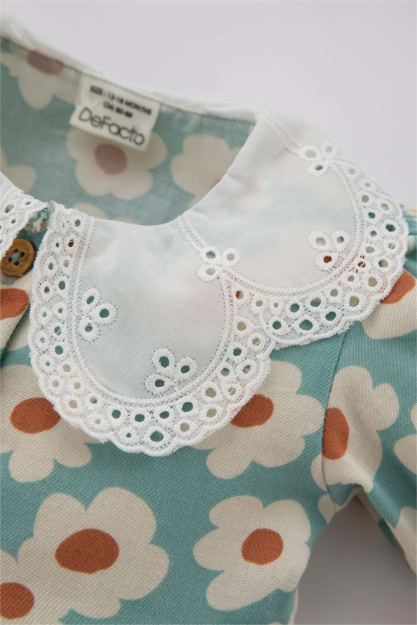 BÉBÉ FILLE Bleu Robe En Sergé À Manches Courtes Et Fleurs Pour Bébé Fille