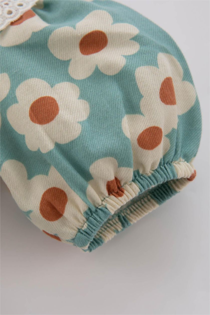 BÉBÉ FILLE Bleu Robe En Sergé À Manches Courtes Et Fleurs Pour Bébé Fille