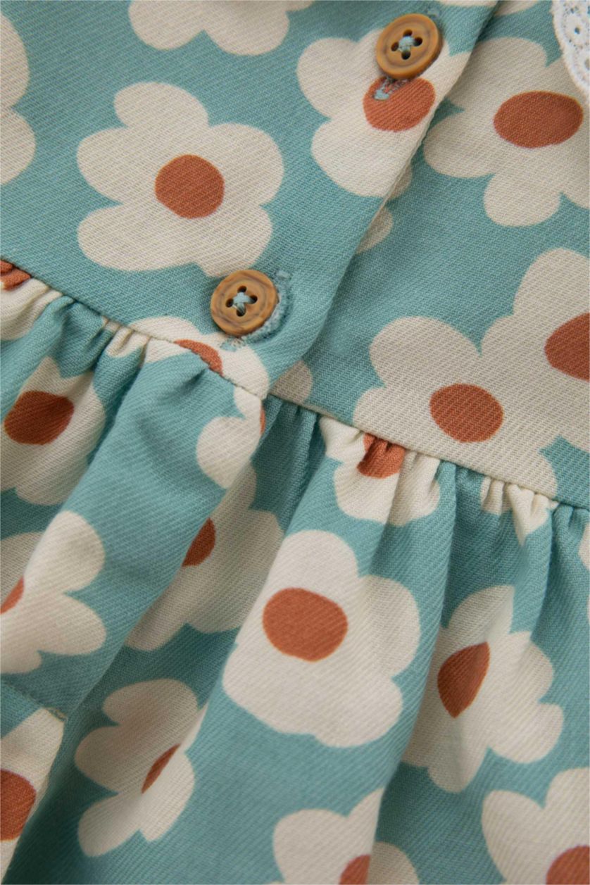 BÉBÉ FILLE Bleu Robe En Sergé À Manches Courtes Et Fleurs Pour Bébé Fille