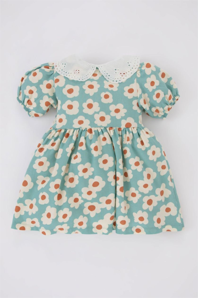 BÉBÉ FILLE Bleu Robe En Sergé À Manches Courtes Et Fleurs Pour Bébé Fille