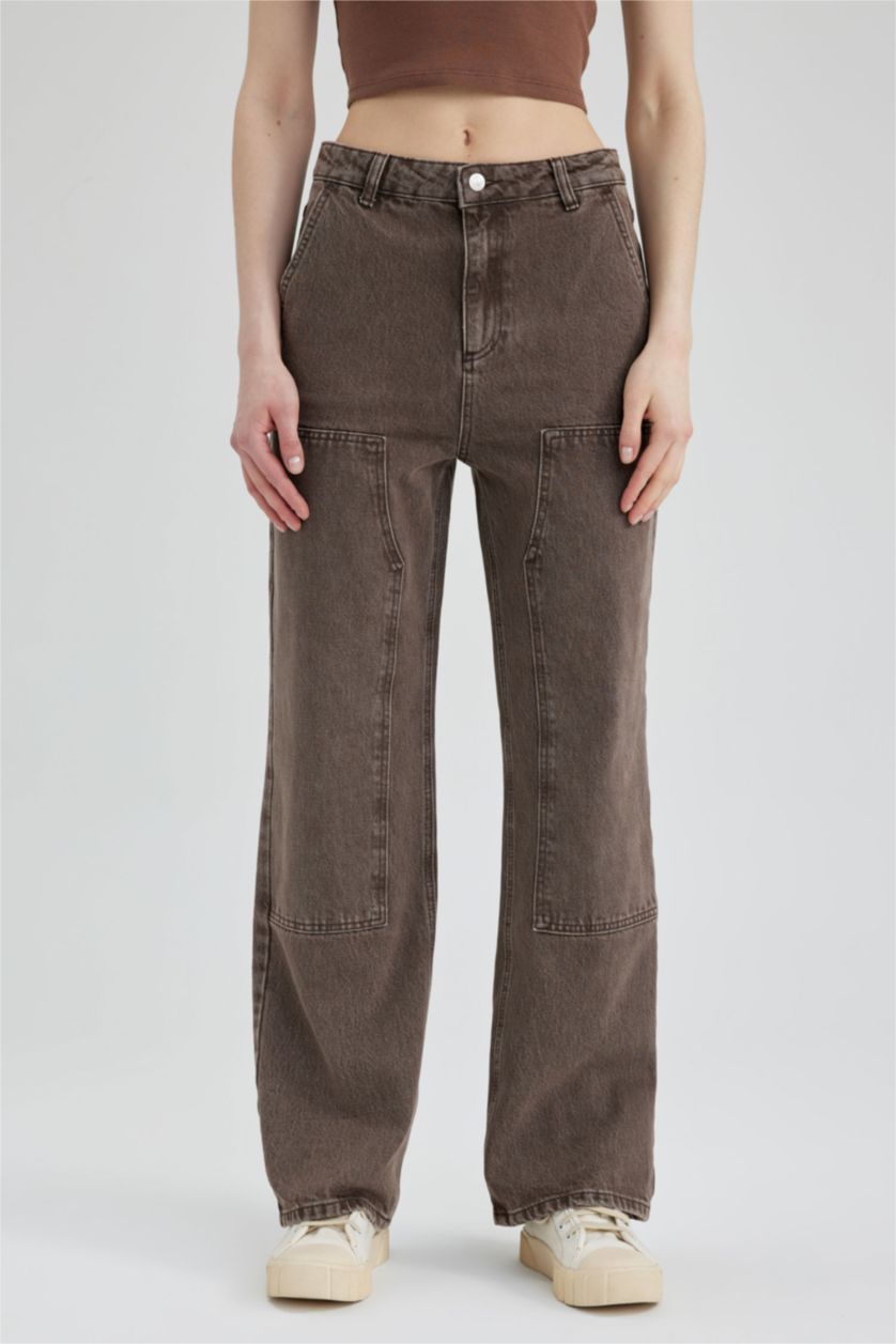 نساء بني بنطلون كارجو جينز قطن وايد ليج