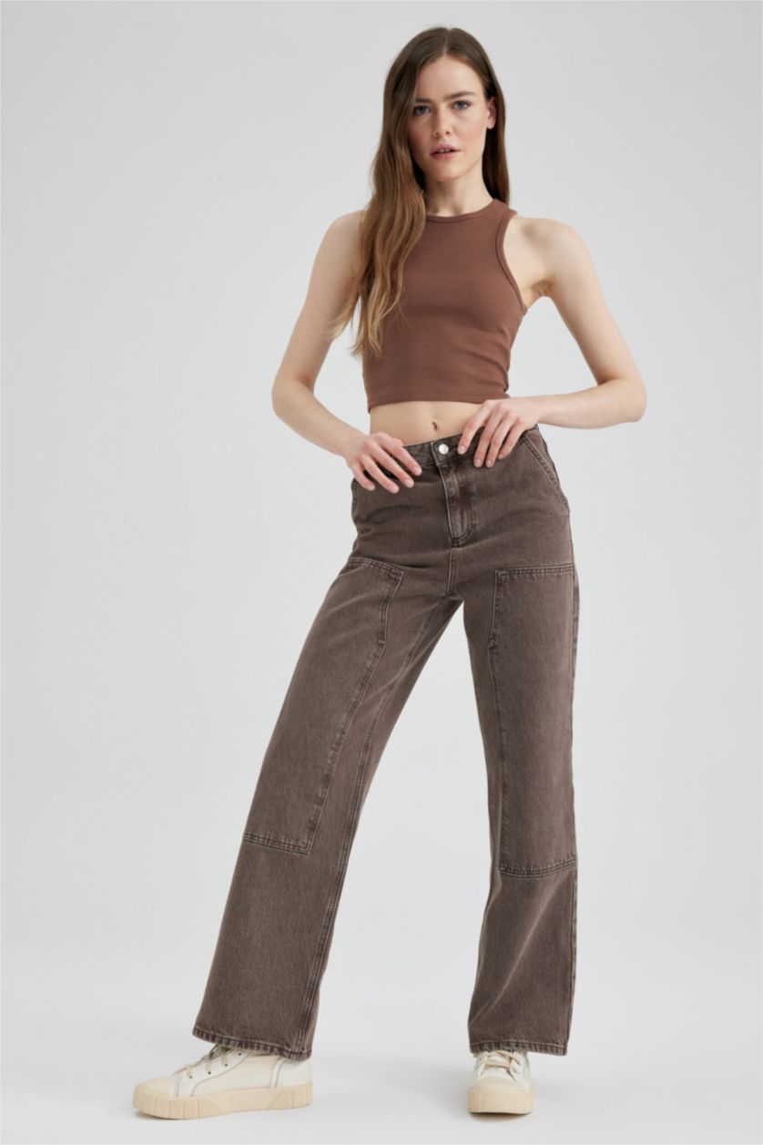 نساء بني بنطلون كارجو جينز قطن وايد ليج