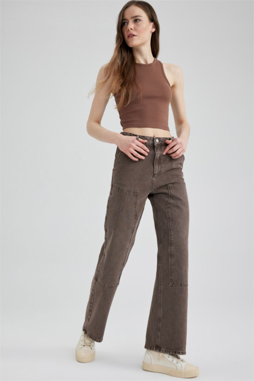 نساء بني بنطلون كارجو جينز قطن وايد ليج