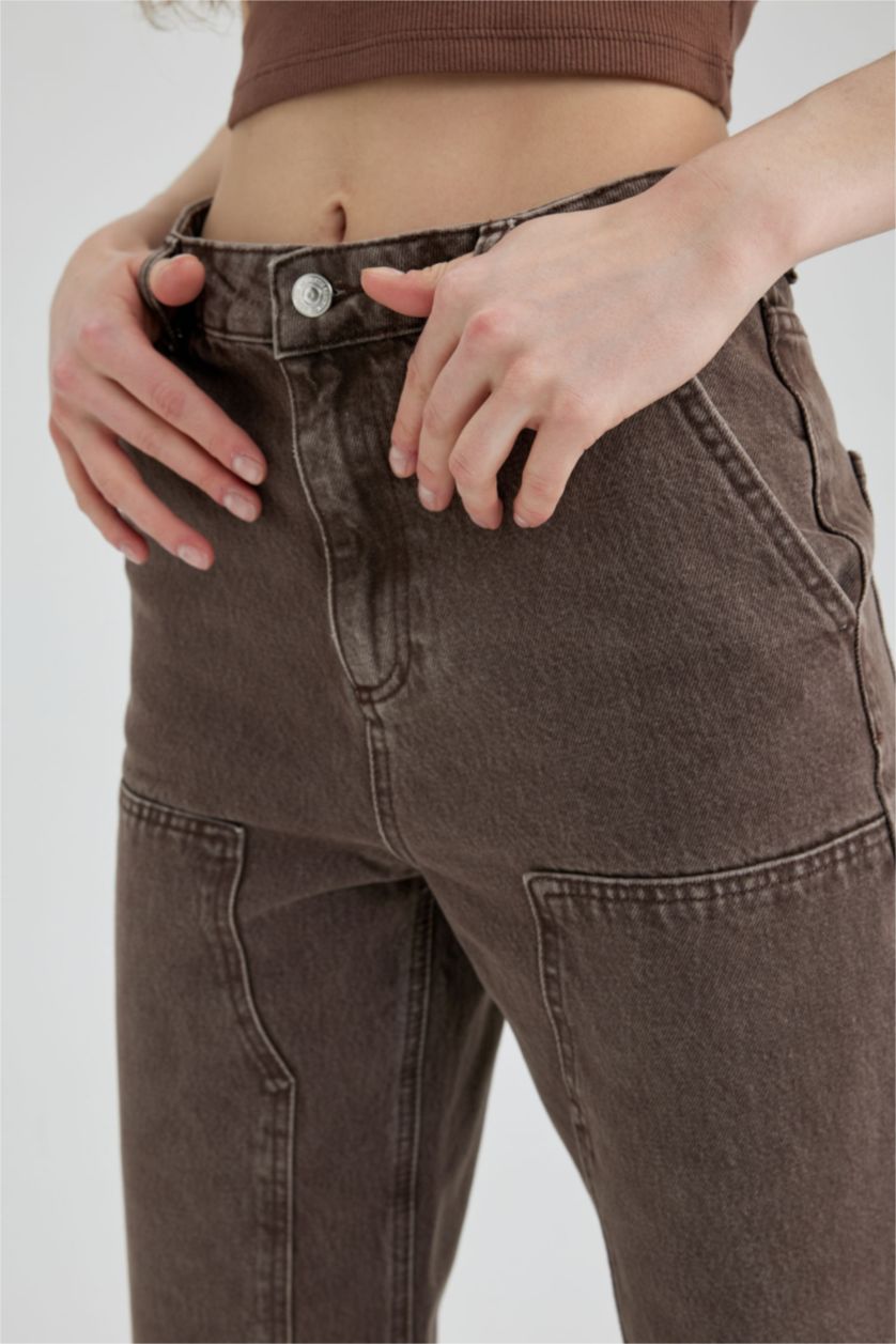 نساء بني بنطلون كارجو جينز قطن وايد ليج