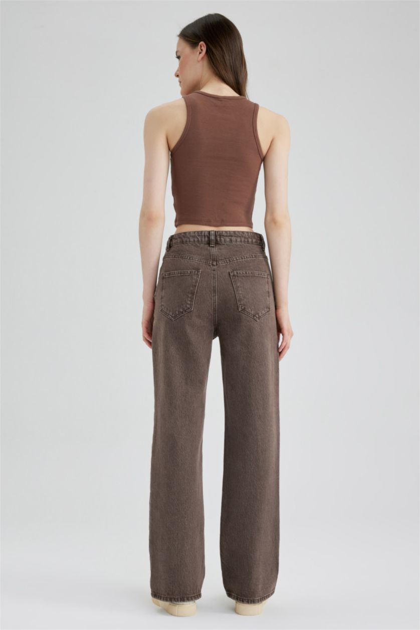 نساء بني بنطلون كارجو جينز قطن وايد ليج