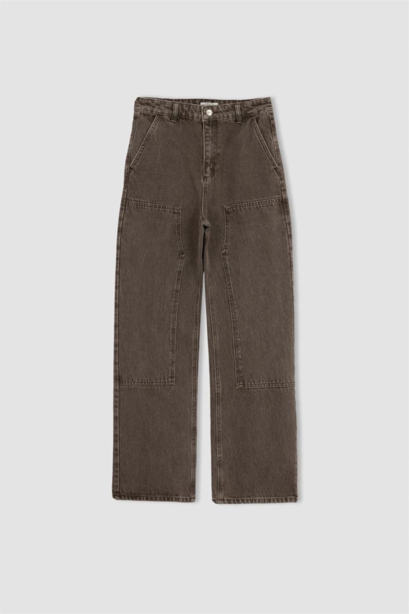 نساء بني بنطلون كارجو جينز قطن وايد ليج