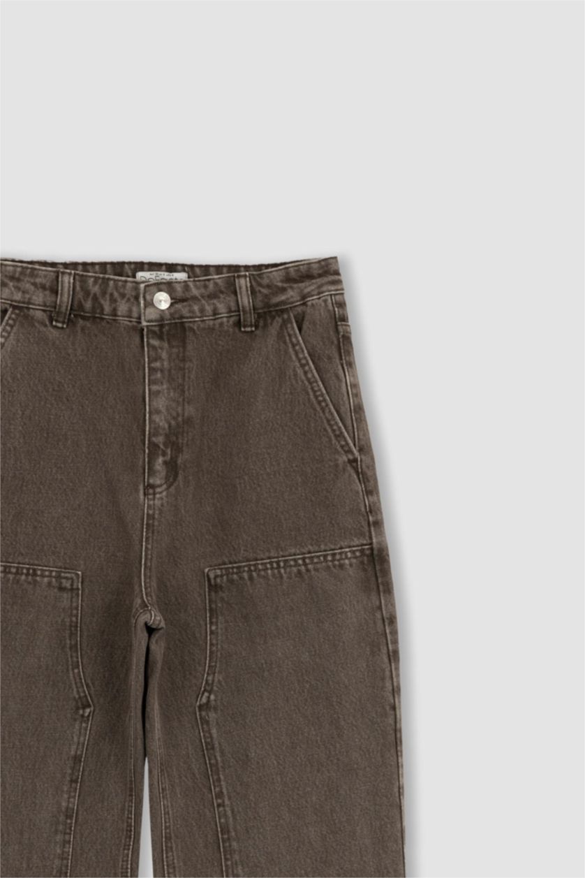 نساء بني بنطلون كارجو جينز قطن وايد ليج