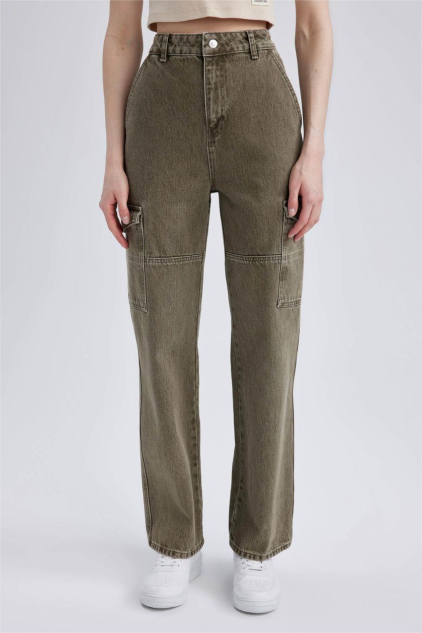 WOMAN Green Wide Leg Cargo Jean Cotton Trousers