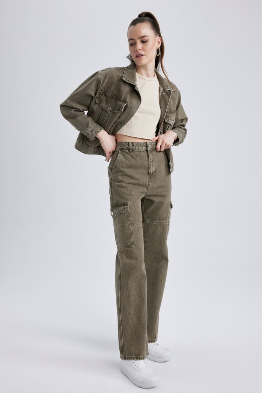 WOMAN Green Wide Leg Cargo Jean Cotton Trousers