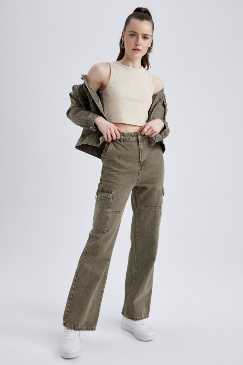 WOMAN Green Wide Leg Cargo Jean Cotton Trousers