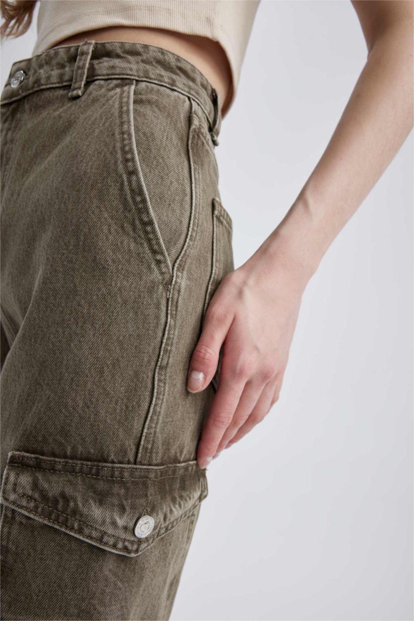 WOMAN Green Wide Leg Cargo Jean Cotton Trousers