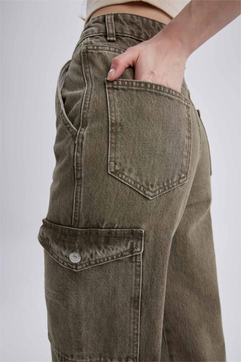 WOMAN Green Wide Leg Cargo Jean Cotton Trousers