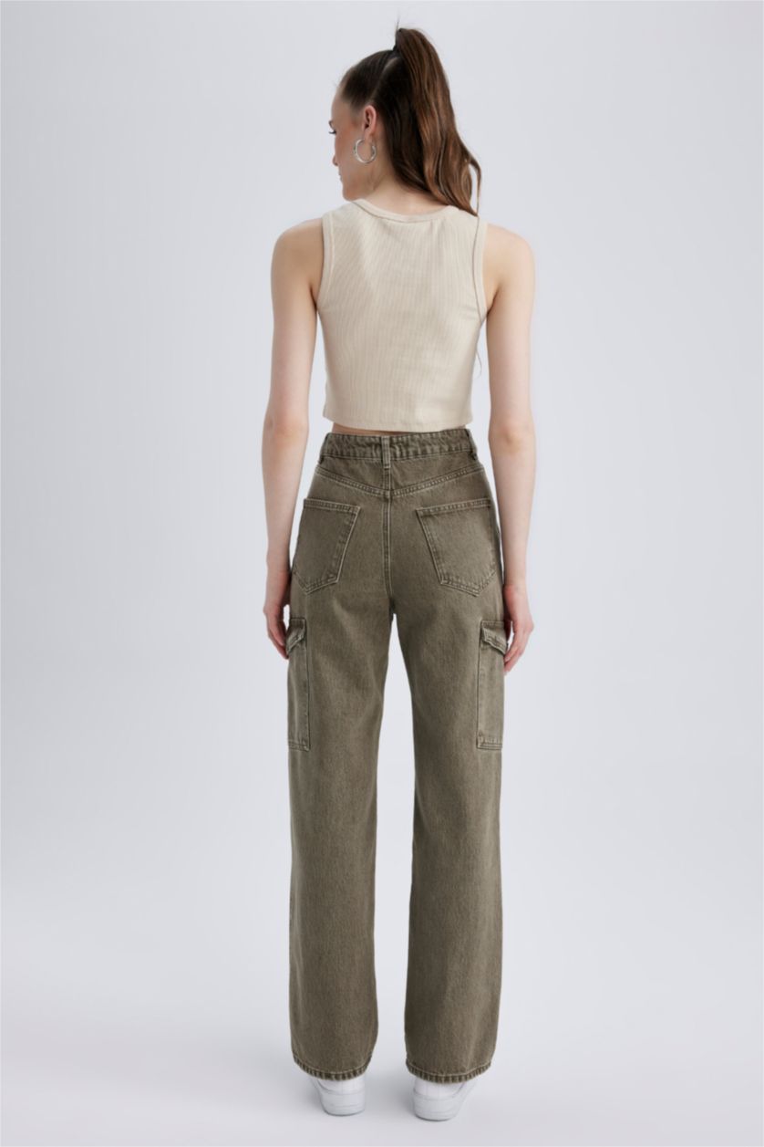 WOMAN Green Wide Leg Cargo Jean Cotton Trousers